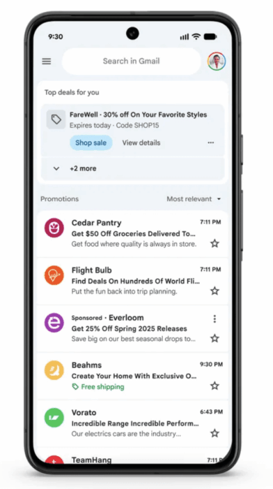 Gmail promotions tab sorts by "most relevant".