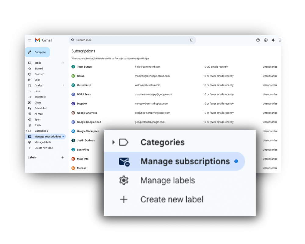 Gmail’s Manage Subscriptions interface