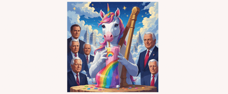 an image of a unicorn drinking a rainbow milkshake, playing a harp in the cloud city, surrounded by ex-presidents