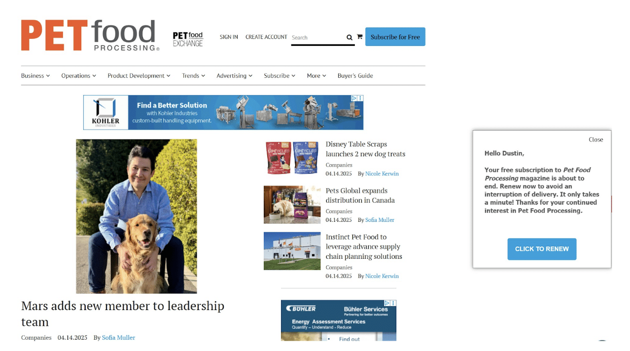 Soland renewal prompt example on Pet Food